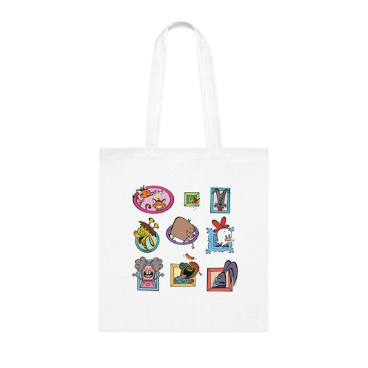 White tote bag with cartoon character images.