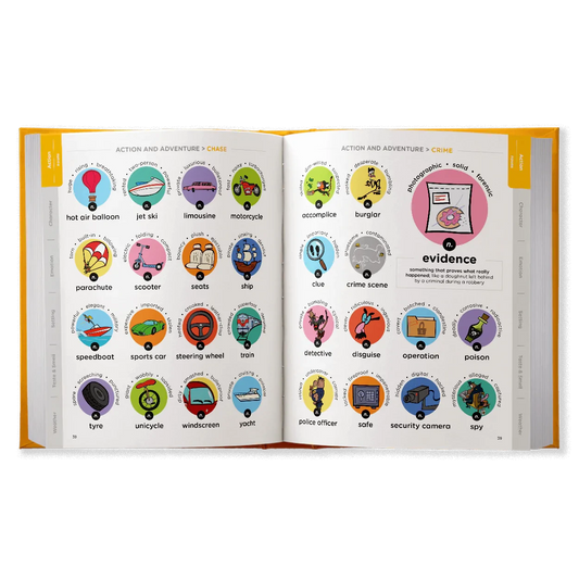 Open book with action and adventure illustrations.