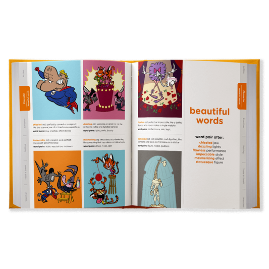 Hardback book spread with beautiful words and cartoon illustrations