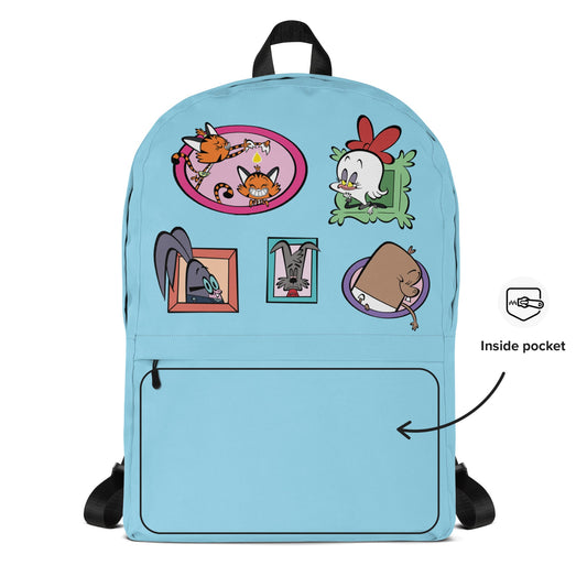 White front backpack with cartoon character print