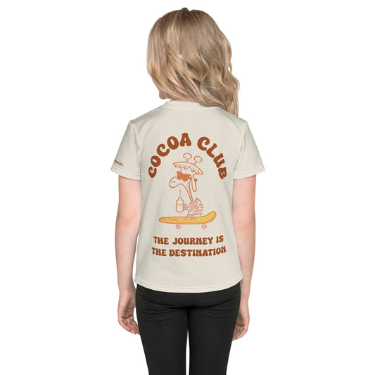 Kids' white back crew neck t-shirt with Cocoa Club design.
