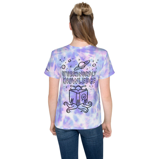 Youth white tie-dye crew neck t-shirt with Otherworldly Knowledge design