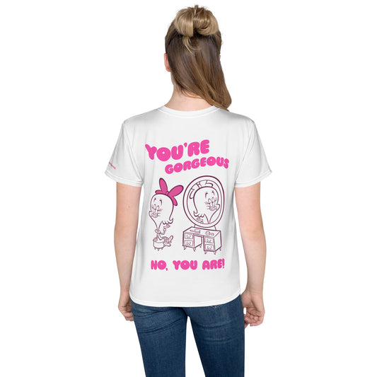White youth crew neck t-shirt back, You're Gorgeous print.