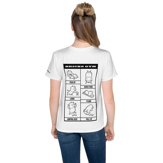 White youth crew neck t-shirt back with Bricks Gym workout graphics