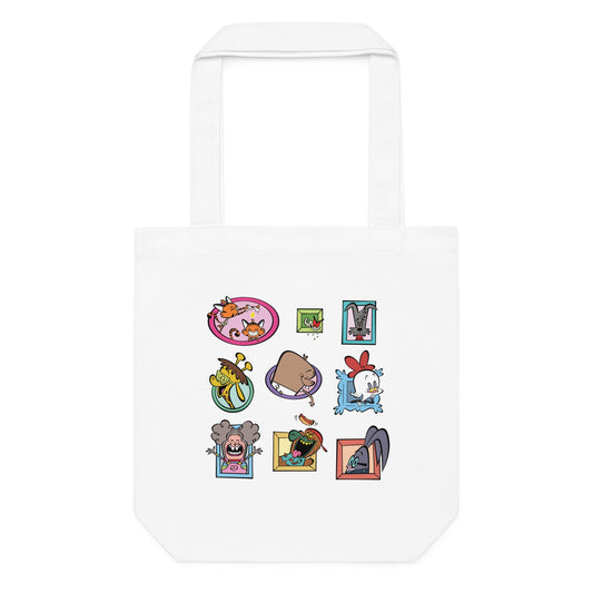 White cotton tote bag with cartoon characters