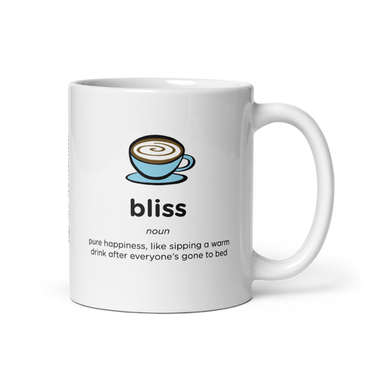 White glossy bliss mug with handle on right