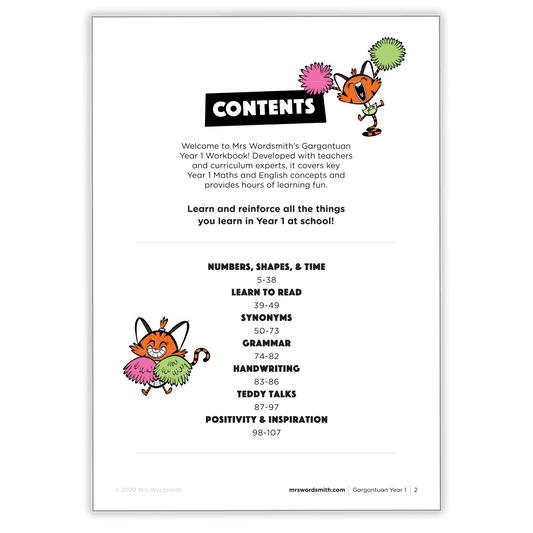 Gargantuan Year 1 Workbook Contents Page