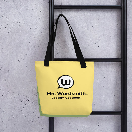 Black tote bag with Mrs. Wordsmith logo, 15x15, back view.