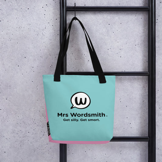 Black 15x15 Mrs. Wordsmith tote bag back