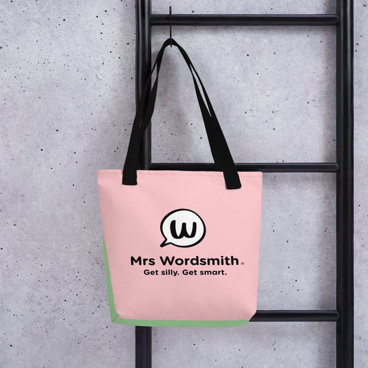 Black tote bag with Mrs. Wordsmith logo, back view