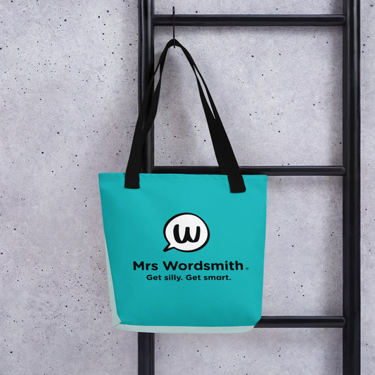 Black tote bag back with Mrs. Wordsmith design