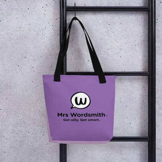 Black 15x15 Mrs. Wordsmith tote bag back