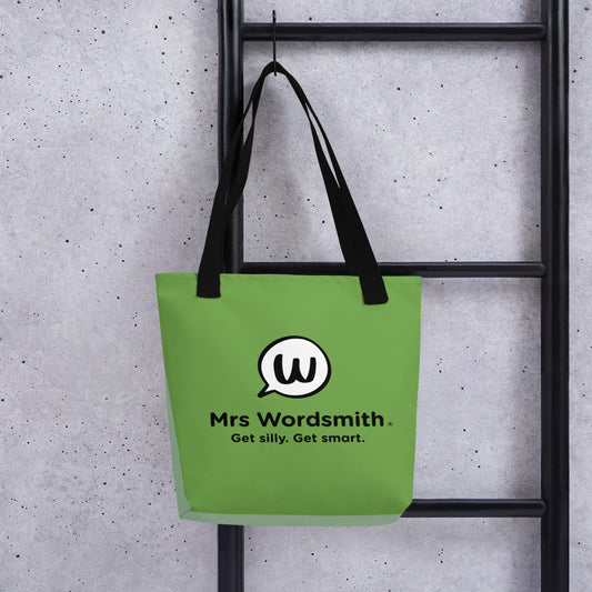 Black tote bag with Mrs Wordsmith all-over print, 15x15 back.