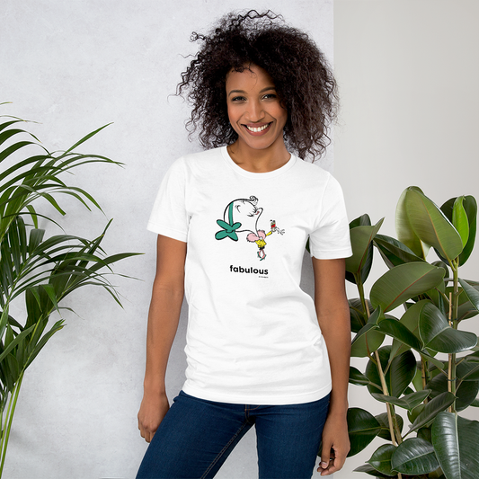 Woman wearing white unisex t-shirt with fabulous graphic
