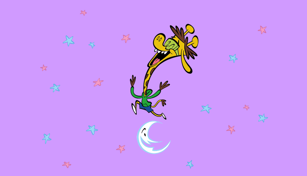 illustrated giraffe jumping over the moon