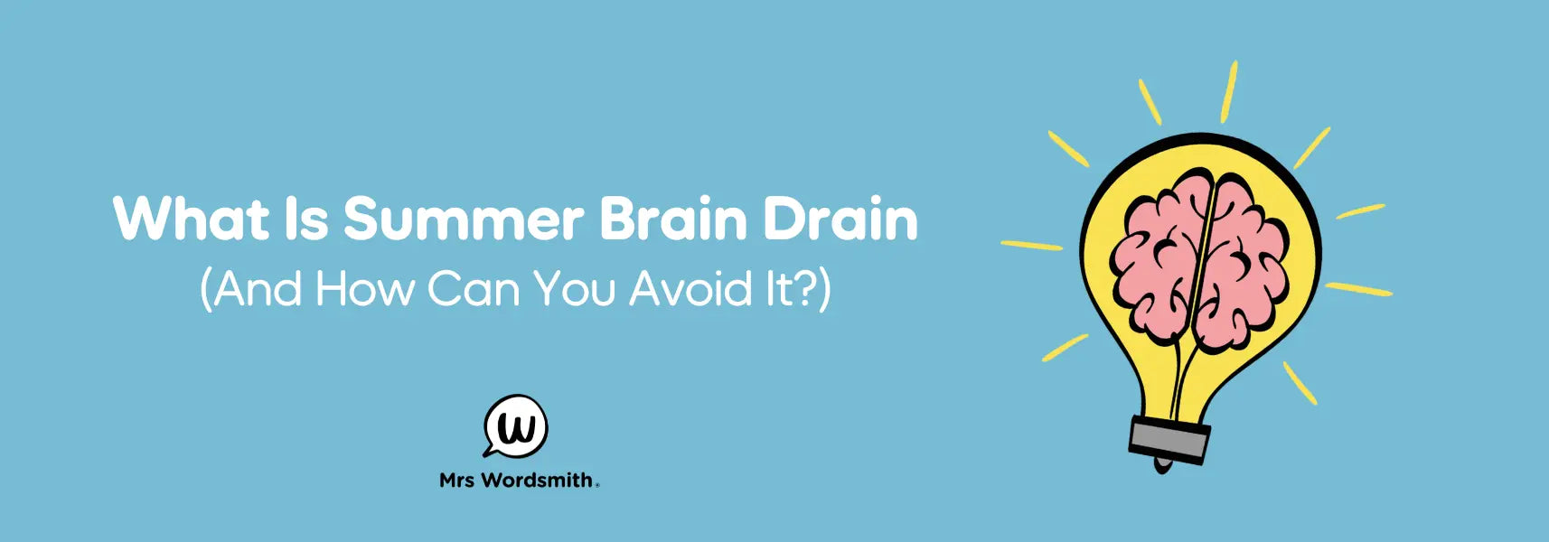 Blue banner with text “What is Summer Brain Drain?” and a brain inside a lightbulb illustration