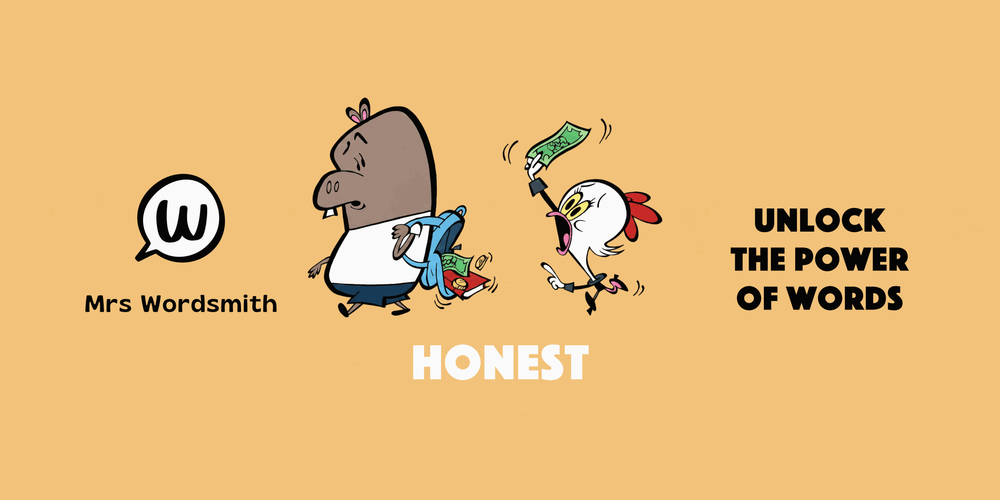 Mrs Wordsmith illustration of the word honest: a chicken runs to return money a hippo dropped from his backpack