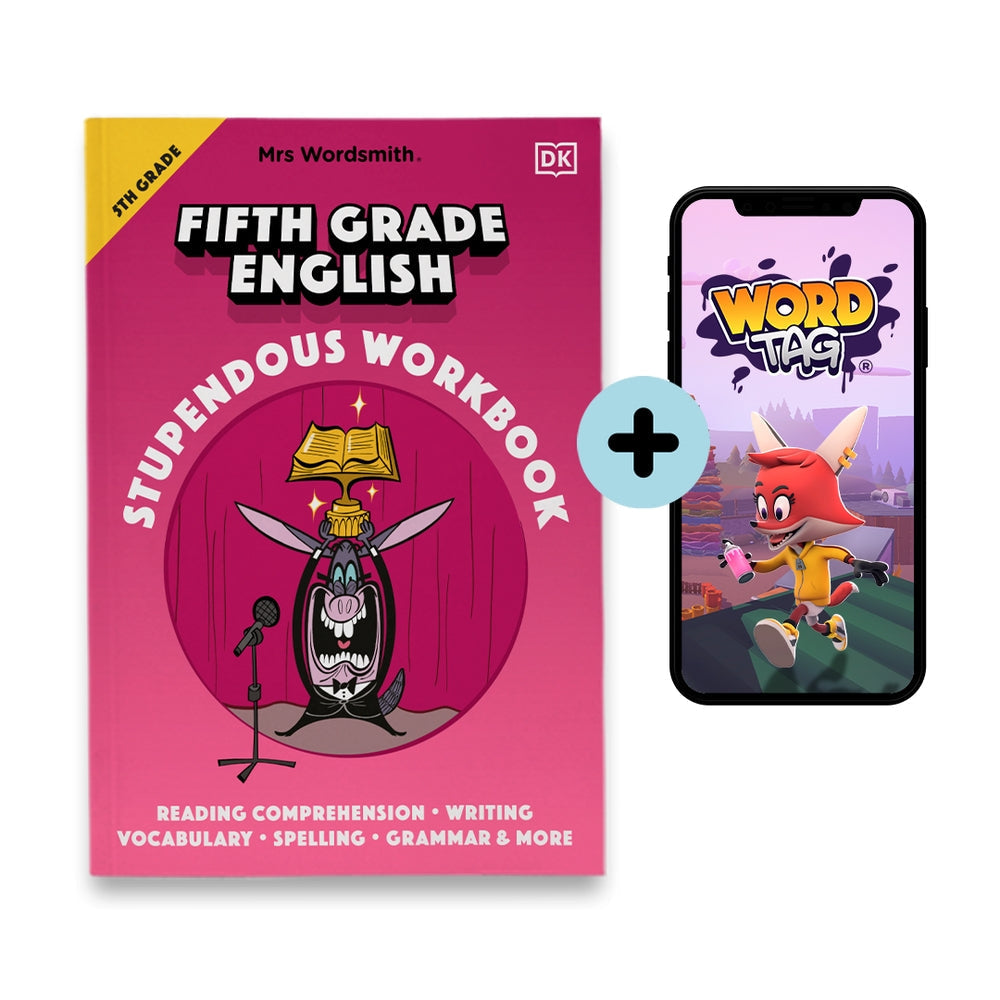The Grade 5 Stupendous Workbook with a pink cover and fun character design