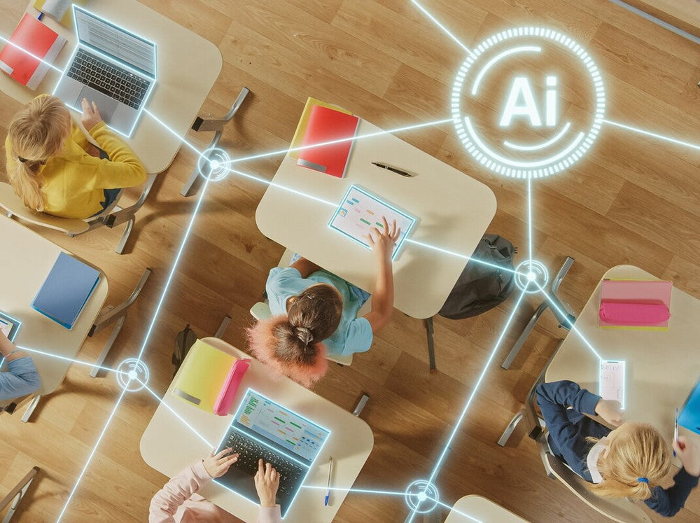 kids using AI on their devices in a classroom during a lesson to show how AI helps kids learn