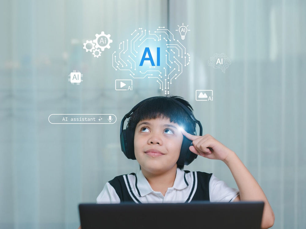 young boy wearing headphones using the best AI tools for learning at home on his laptop