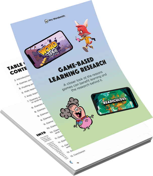 Game-Based Learning Research document with game illustrations.