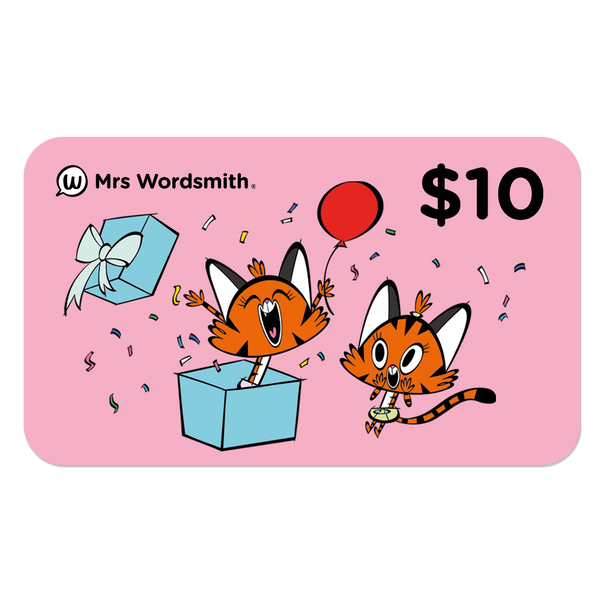 $10 Mrs. Wordsmith gift card with cartoon cats and a gift box.