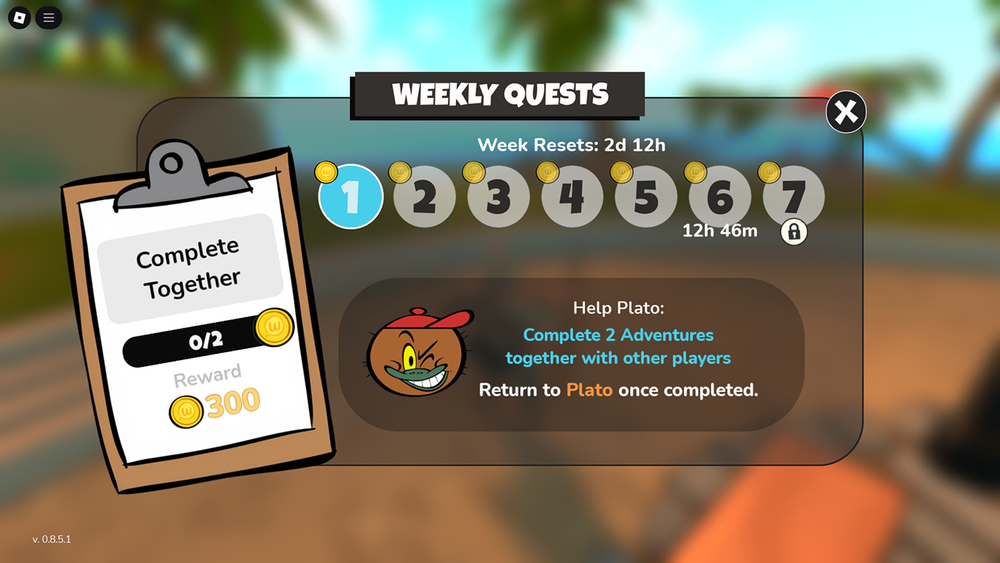 Roblox Weekly Quests screen showing Complete Together task, 2025-02-14