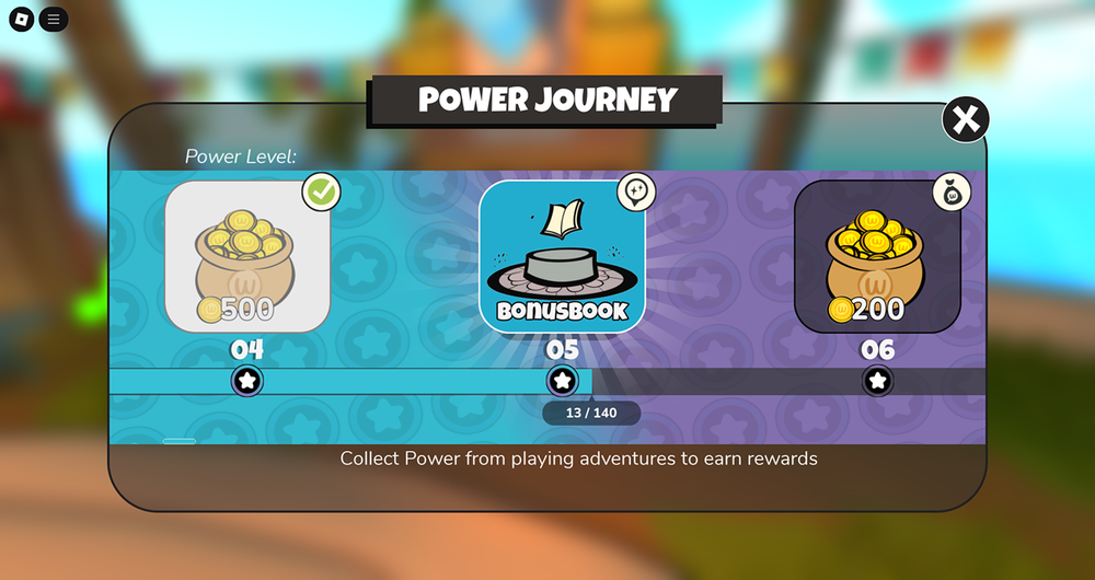 Roblox Power Journey screenshot showing rewards and levels