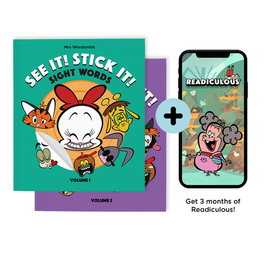 See It! Stick It! sight words book and Readiculous app mock-up.