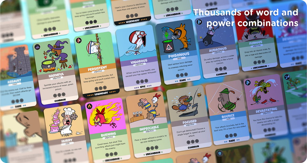Game store screen showing word & power card combinations