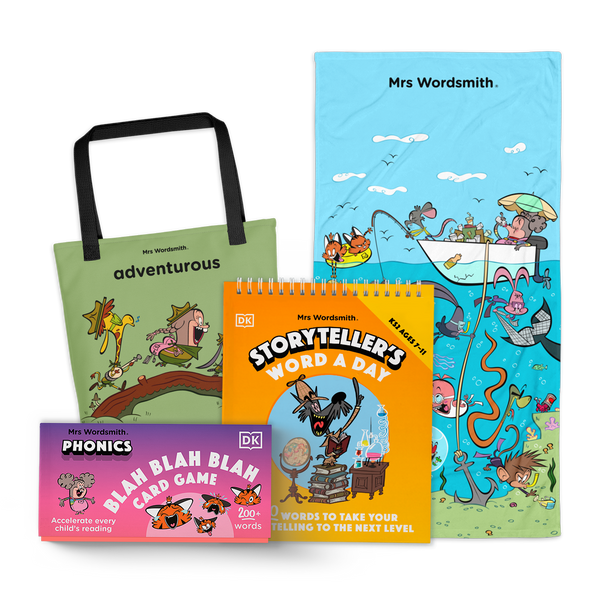 Mrs. Wordsmith educational items, tote bag, and card game.