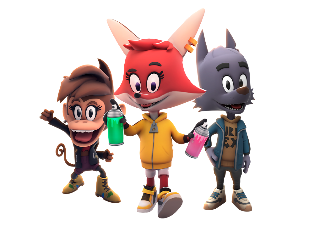 Fox, Monkey, and Wolf with spray cans.