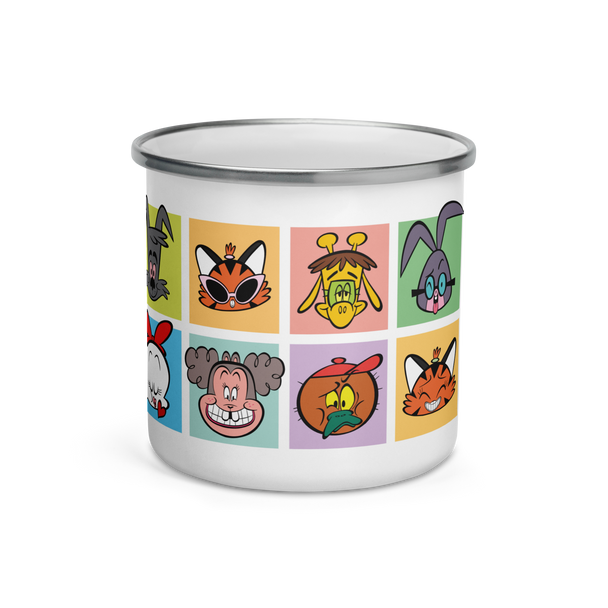 White 12oz enamel mug with cartoon animal faces.