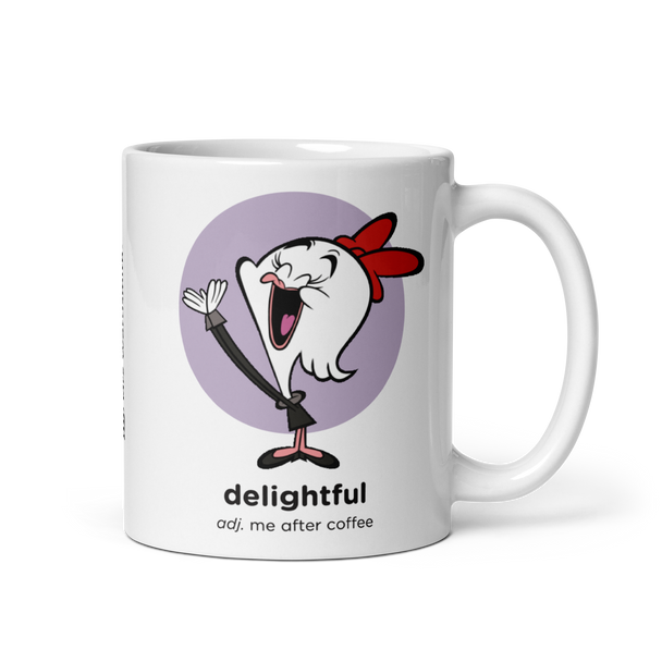 White glossy 11oz mug with delightful cartoon.