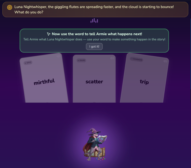 WordLore Legends game screen: Armie sets the scene and the child picks one of three word cards