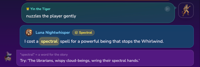 WordLore Legends game screen: the child's own sentence using the chosen word