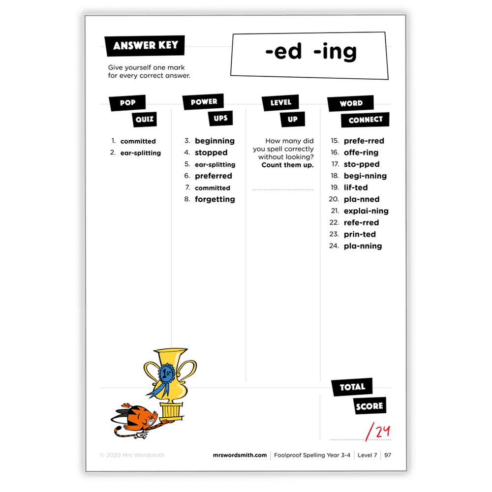 Spelling Y3-4 Target -ed/-ing worksheet with answer key