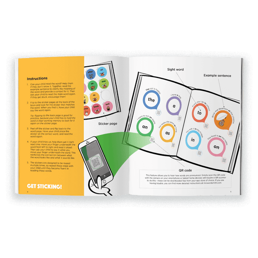 instructions, stickers, and sight words.