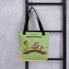Black 15x15 tote bag with adventurous cartoon print
