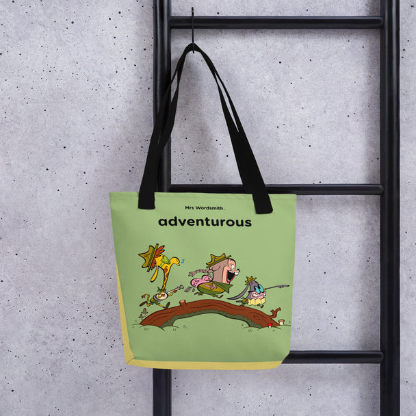 Black 15x15 tote bag with adventurous cartoon print