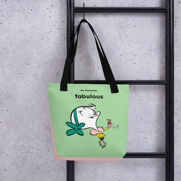 Black tote bag with fabulous print, front view.